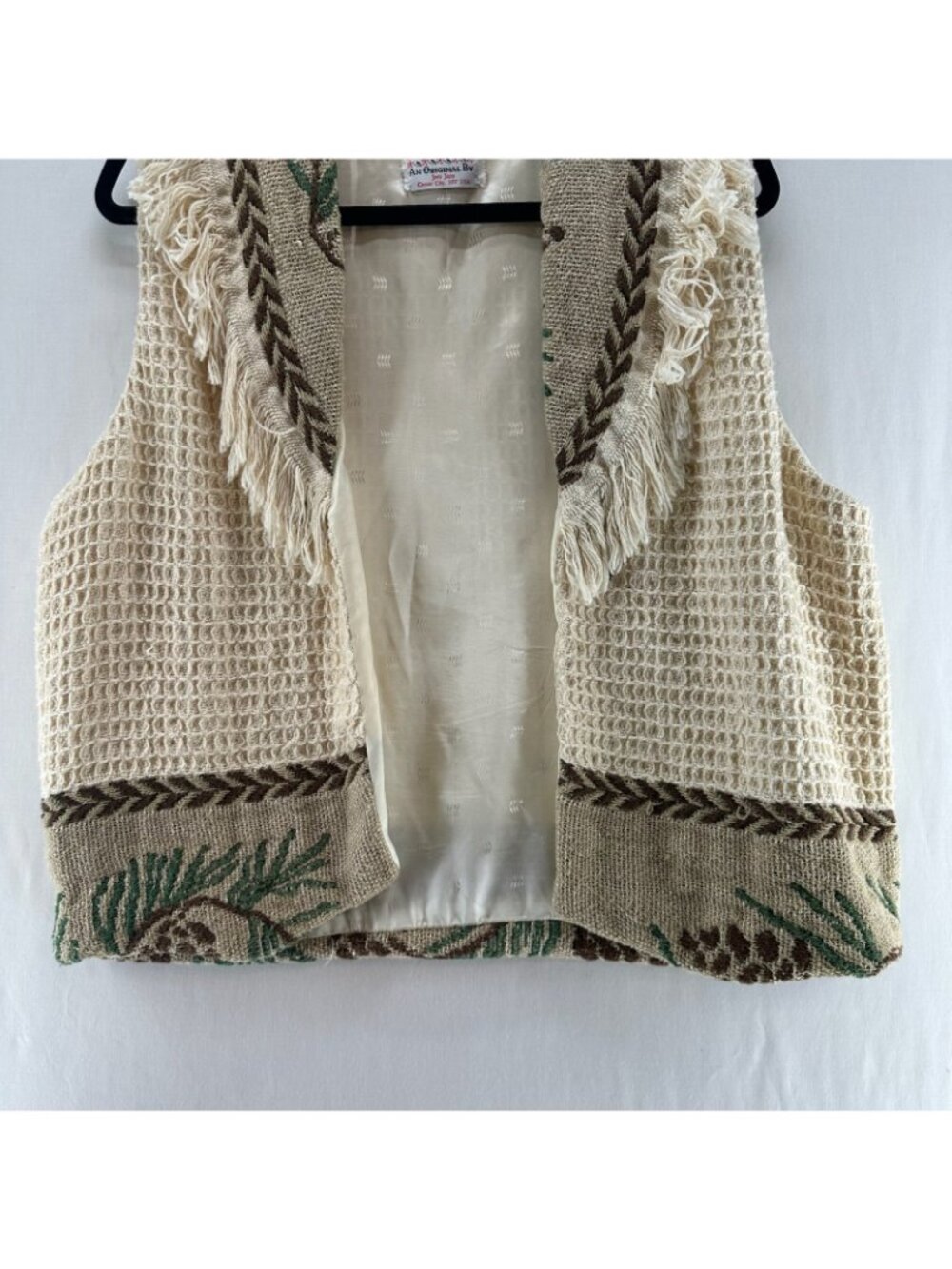 Vintage Jans Jems Tapestry Fringe Shawl Vest Size M/L Woven Lined Pinecone Cream - Picture 7 of 11